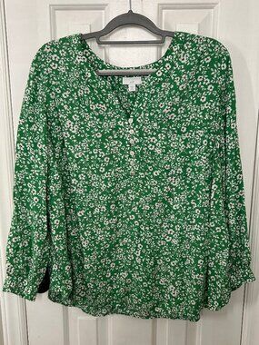 J Jill Size XL Petite Green Floral Blouse